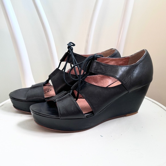 Black Leather Wedge Sandals Lace up Size 41 - Picture 1 of 4